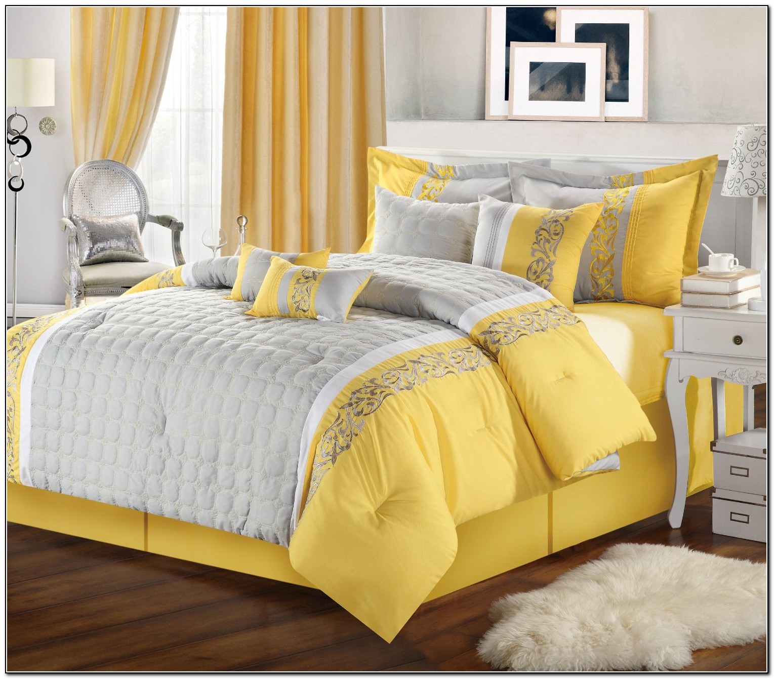 Yellow Grey And White Bedding